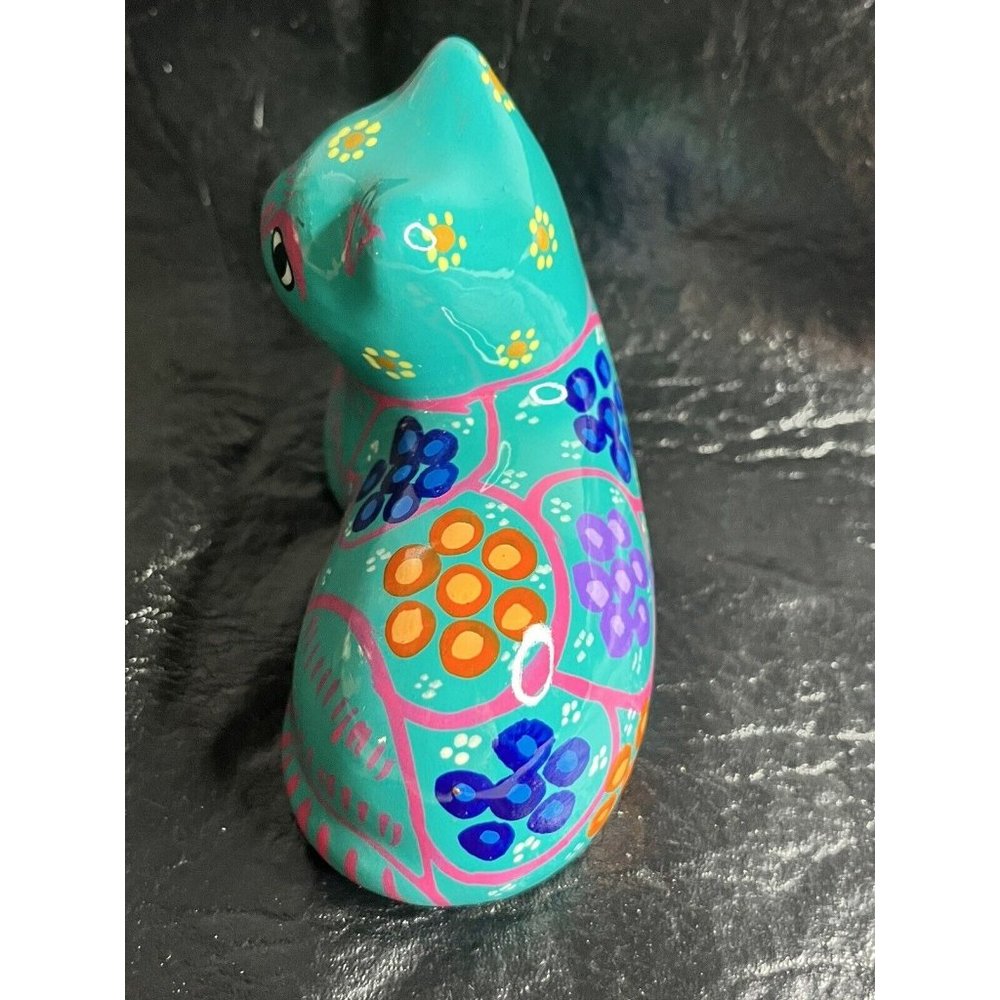 Vintage Mexican Talavera Pottery Handprinted Cat 4" Folk Art Glazed Colorful - Picture 5 of 7